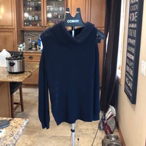 Maurice’s Navy Cold Shoulder Cowl Neck, would look great with capris for spring!